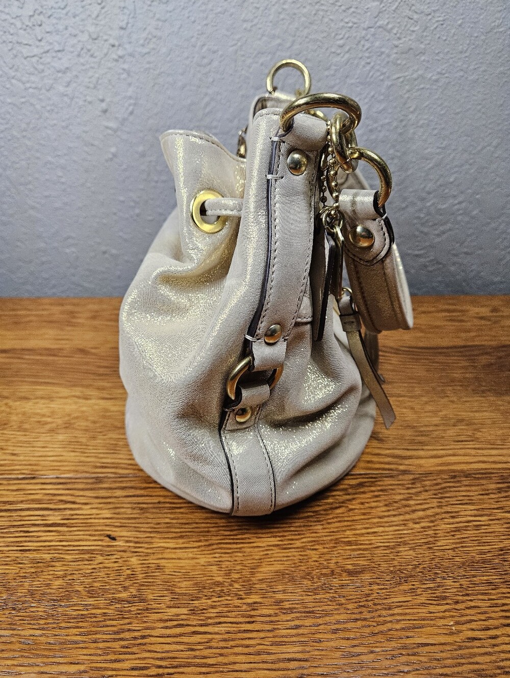 Coach Poppy Gold Shimmer Cinch Bucket Bag - Picture 7 of 16